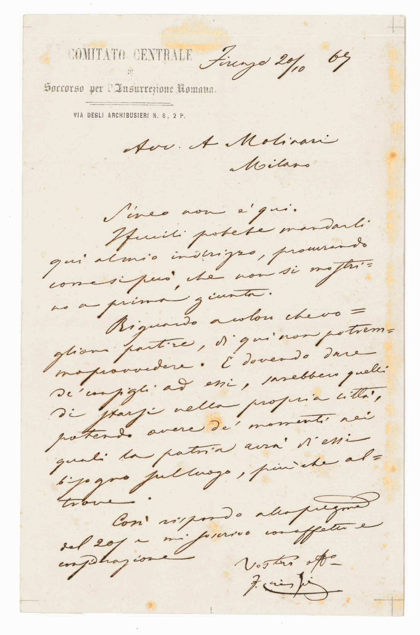 Lettera autografa firmata, inviata all’avvocato Molinari – Milano.