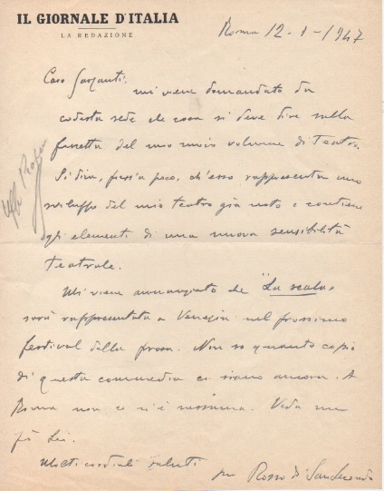 Lettera autografa firmata inviata all’editore Garzanti. Datata 12 gennaio 1947.