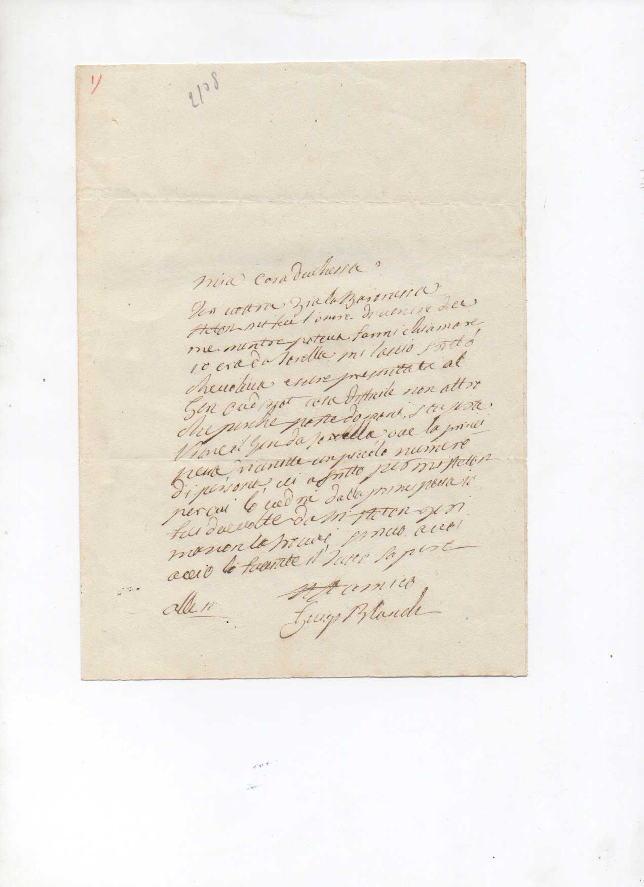 Lettera autografa firmata inviata alla duchessa di Satriano. Non datata.
