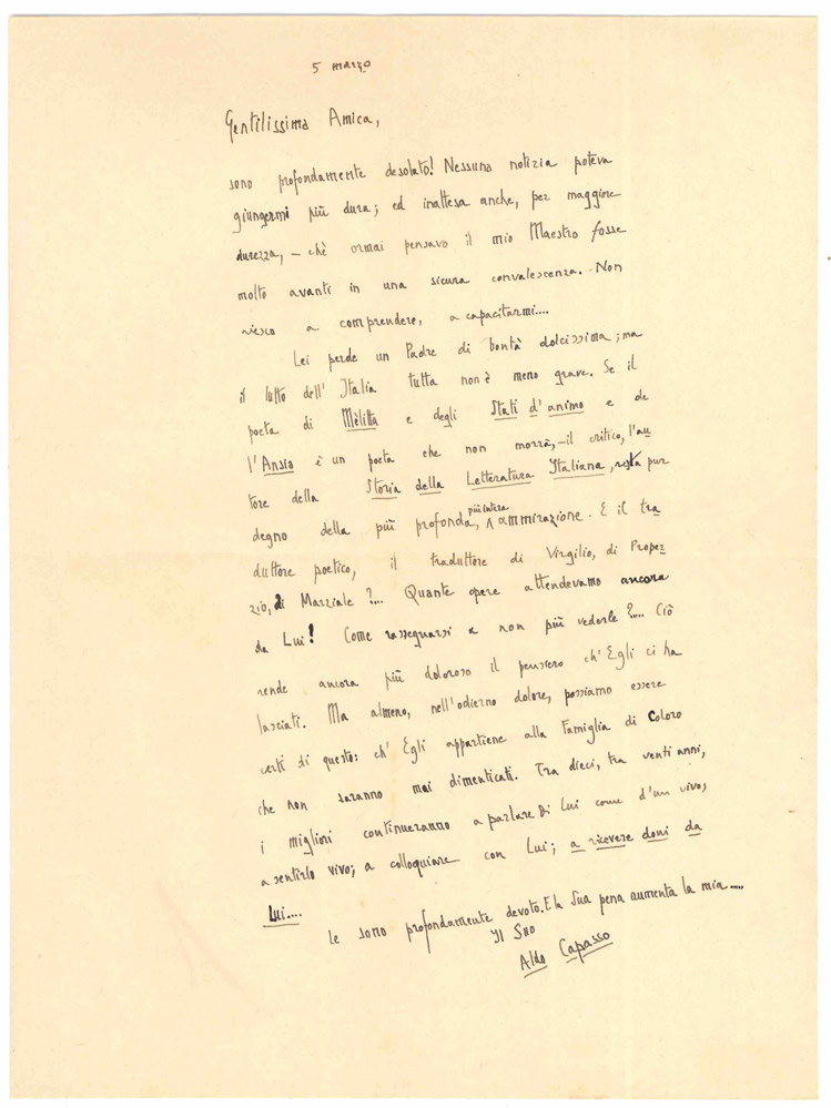 Lettera autografa firmata, inviata alla figlia di Giuseppe Lipparini