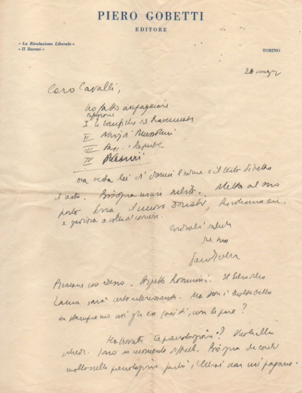 Lettera autografa firmata su carta intestata Piero Gobetti, indirizzata a …