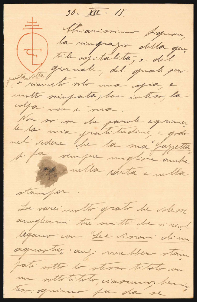 Lettera autografa siglata, inviata al direttore della Gazzetta Ferrarese, su …