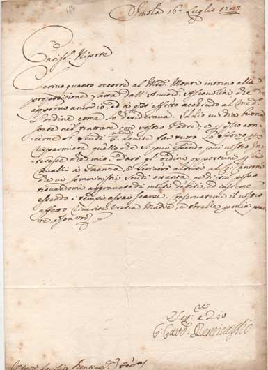 Lettera con firma autografa, datata 16 luglio 1723 - Imola, …