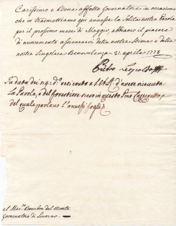 Lettera con firma autografa, datata 21 aprile 1778, inviata al …