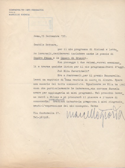 Lettera dattiloscritta con firma autografa, datata 15 settembre 1957 - …