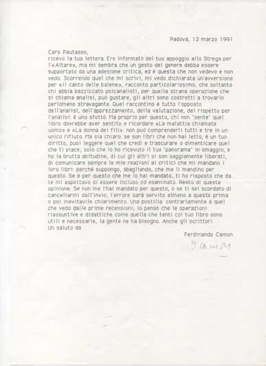 Lettera dattiloscritta con firma autografa, datata Padova 12 marzo 1991, …