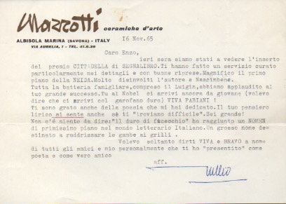 Lettera dattiloscritta con firma autografa indirizzata a Enzo Fabiani. Datata …