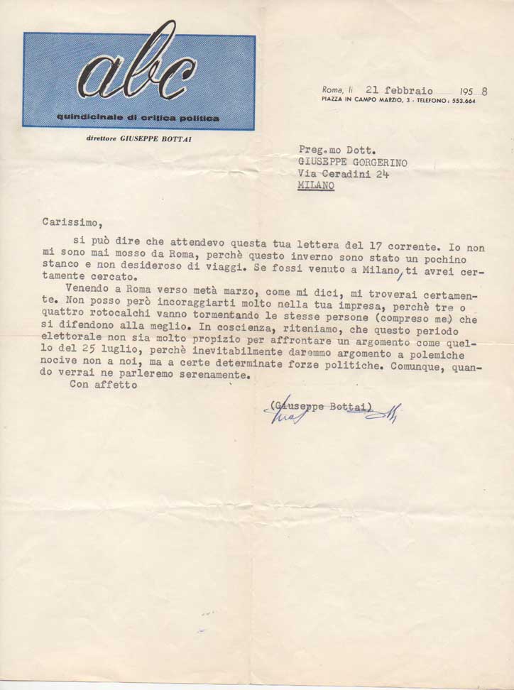 Lettera dattiloscritta con firma autografa inviata al giornalista Giuseppe Gorgerino