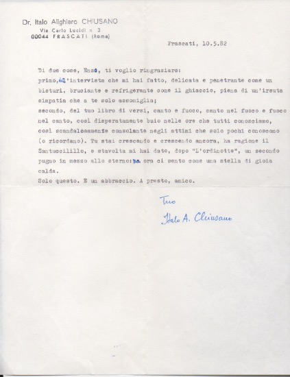 Lettera dattiloscritta con firma autografa inviata al poeta e giornalista …