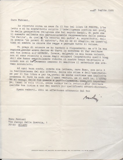 Lettera dattiloscritta con firma autografa inviata al poeta e giornalista …