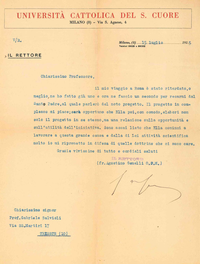 Lettera dattiloscritta con sigla autografa inviata al prof. Gabriele Salvioli, …