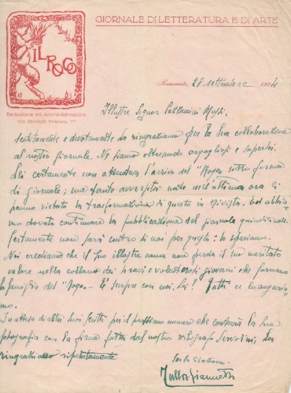 Lettera inviata a Francesco Cazzamini Mussi.