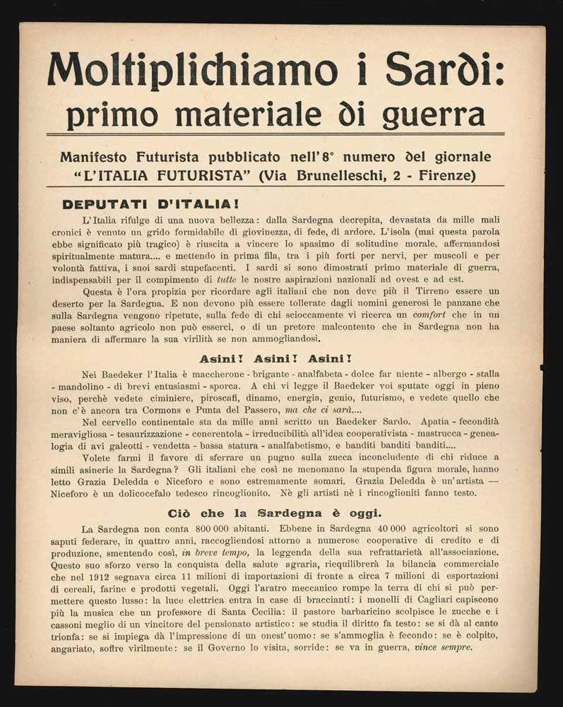Moltiplichiamo i sardi: primo materiale di guerra. Manifesto pubblicato nell’8° …