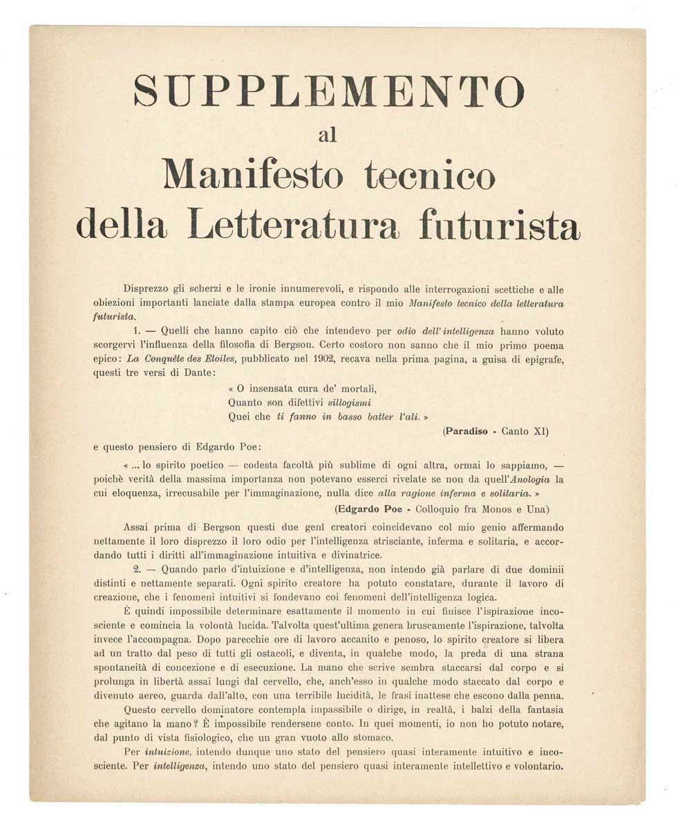 Supplemento al Manifesto tecnico della Letteratura futurista [contiene «Battaglia peso …