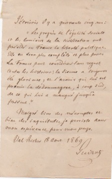 Testo autografo firmato. Datato 18 agosto 1869