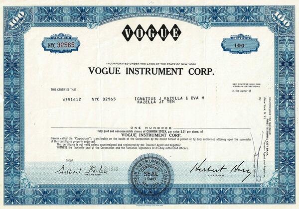 Certificato Azionario - Vogue Instrument Corp. 1970