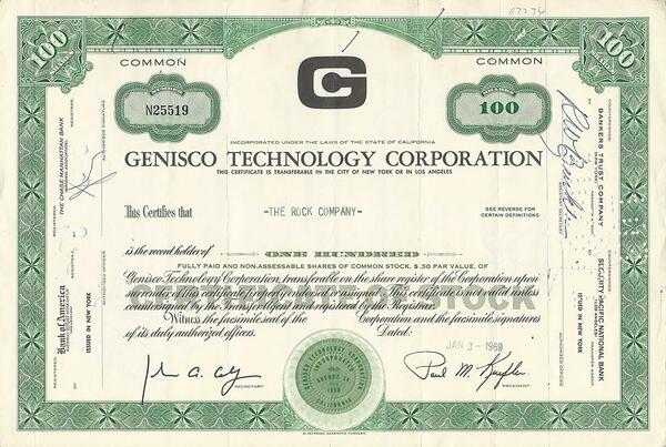 Certificato Azionario - Genisco Tecnology Corporation 1969