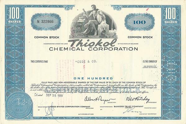 Certificato Azionario - Thiokol Chemical Corporation 1969