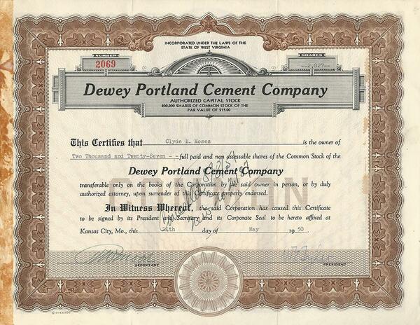 Certificato Azionario - Dewey Portland Cement Company 1950