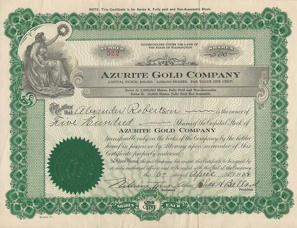 Certificato Azionario - Azurite Gold Company 1928