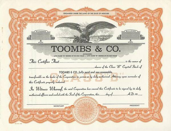 Certificato Azionario - Toombs & Co.