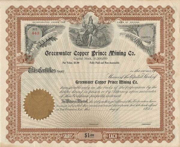 Certificato Azionario - Greenwater Copper Prince Mining Co.