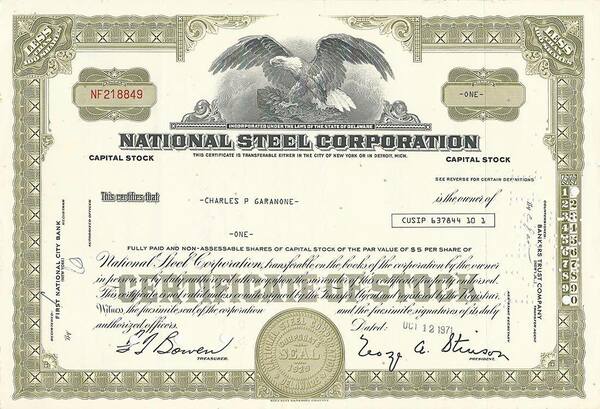 Certificato Azionario - National Steel Corporation 1971