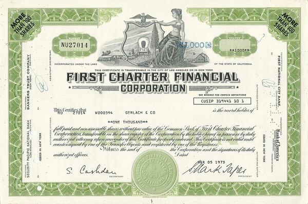 Certificato Azionario - First Charter Financial Corporation 1973