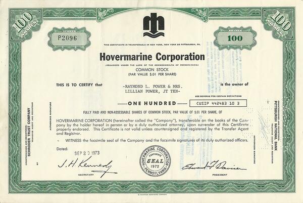 Certificato Azionario - Hovermarine Corporation 1973