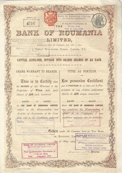 Certificato Azionario - Bank of Roumania 1903