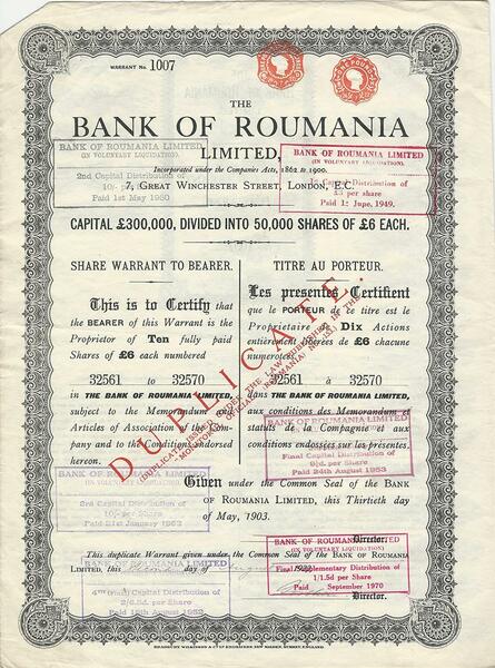 Certificato Azionario - Bank of Roumania 1903