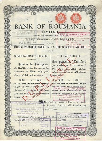 Certificato Azionario - Bank of Roumania 1903