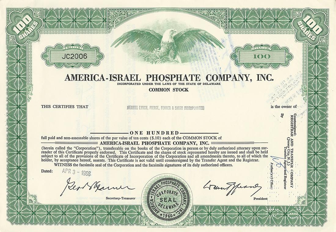 Certificato Azionario - America - Israel Phosphate Company, Inc. 1968