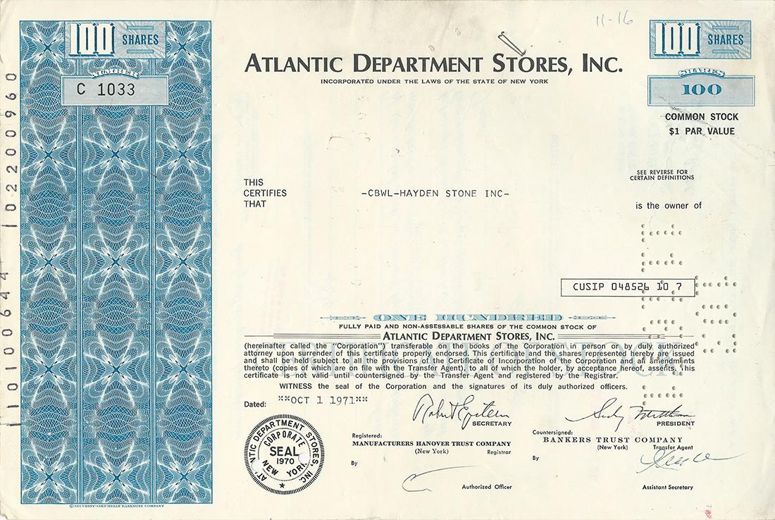 Certificato Azionario - Atlantic Departement Stores, Inc. 1971