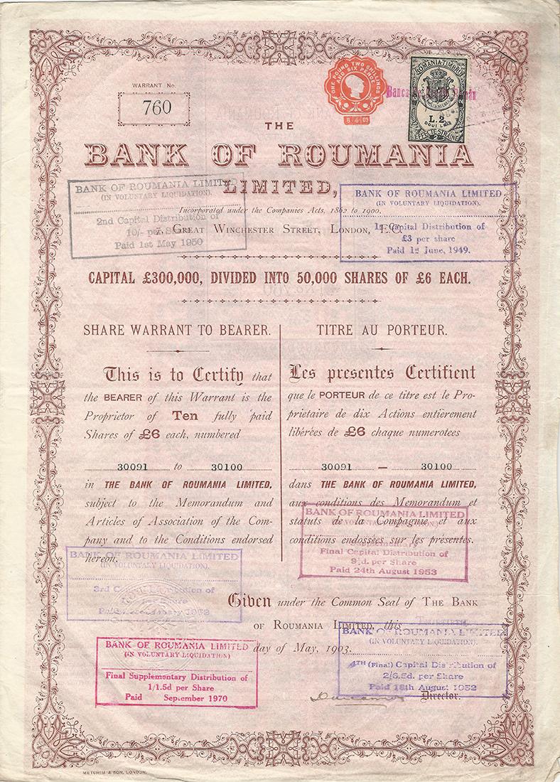 Certificato Azionario - Bank of Roumania 1903