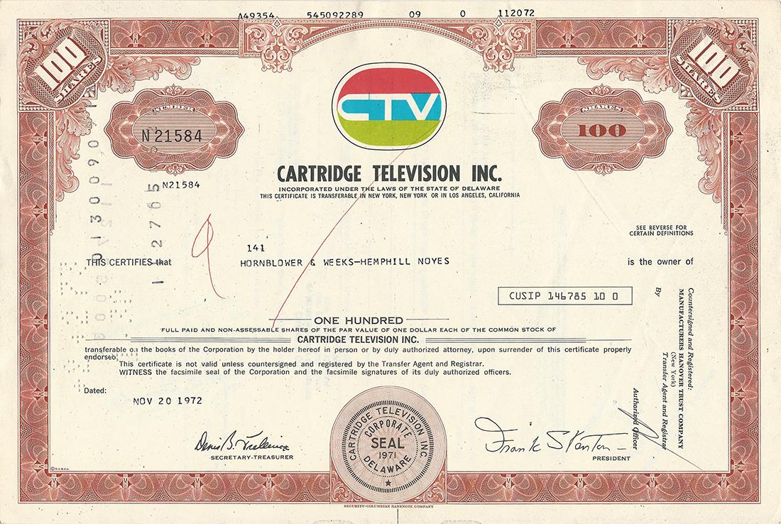 Certificato Azionario - Cartridge Television Inc. 1972