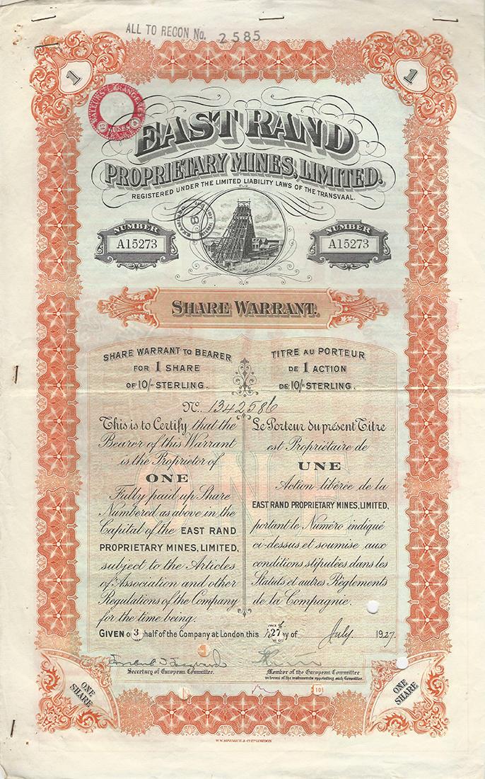 Certificato Azionario - East Rand Proprietary Mines, Limited 1927