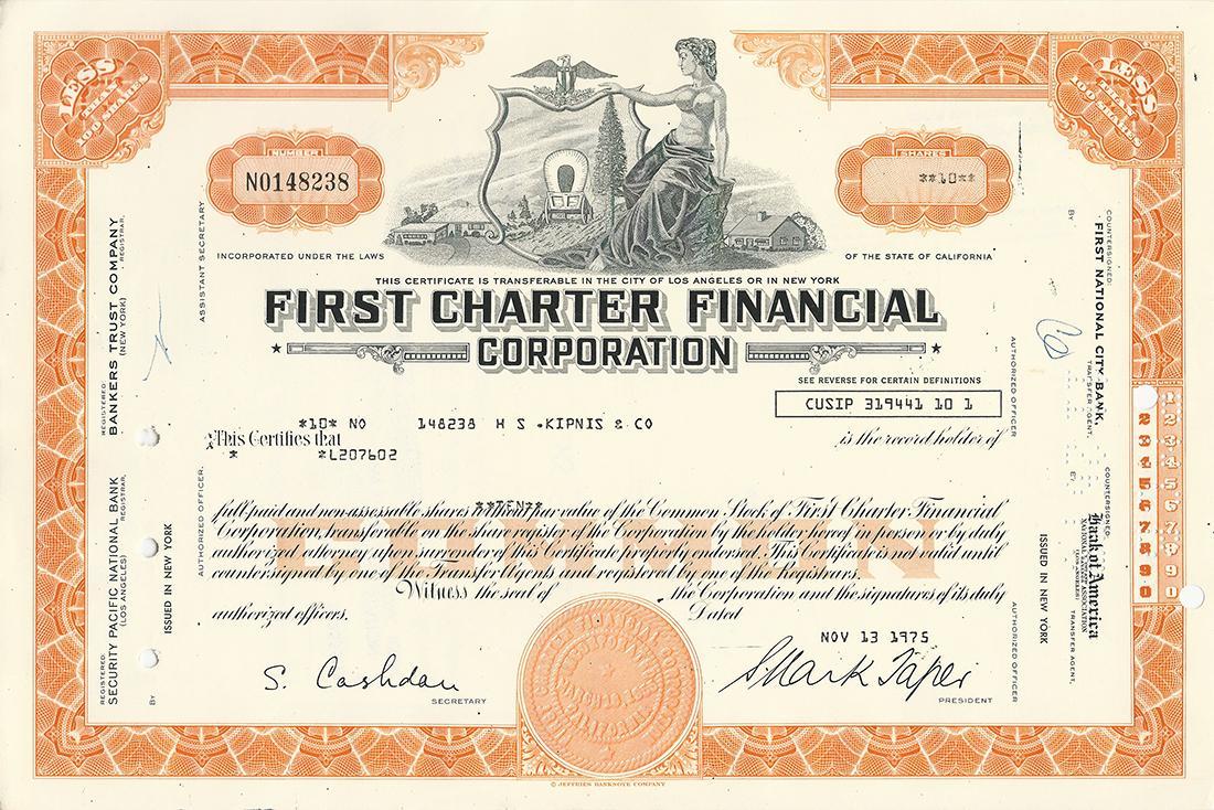 Certificato Azionario - First Charter Financial Corporation 1975