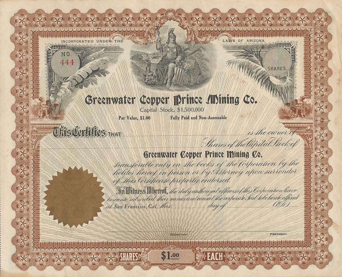 Certificato Azionario - Greenwater Copper Prince Mining Co.