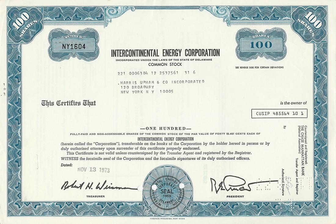 Certificato Azionario - Intercontinental Energy Corporation 1973