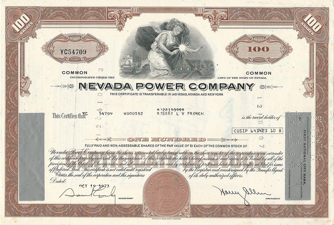 Certificato Azionario - Nevada Power Company 1973