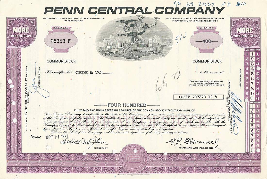 Certificato Azionario - Penn Central Company 1971