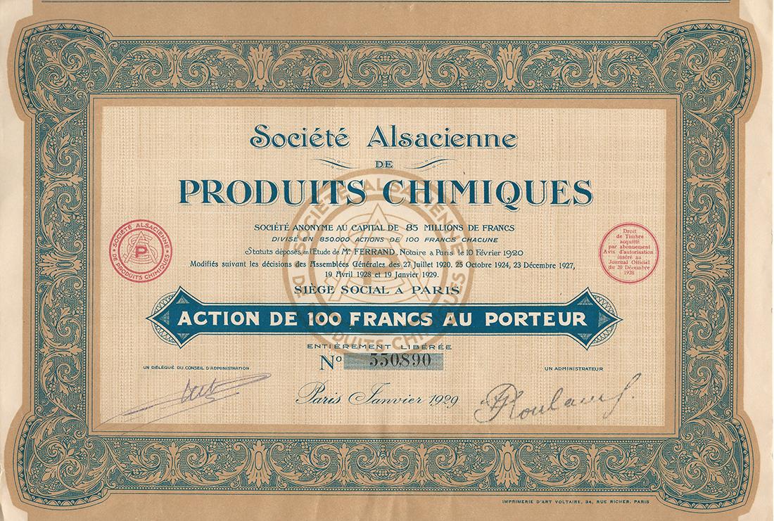 Certificato Azionario - Sociètè Alsacienne de Produits Chimiques 1928