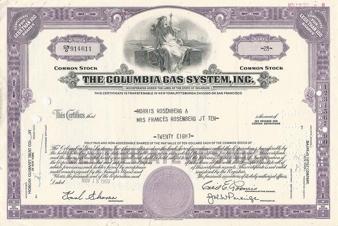 Certificato Azionario - The Columbia Gas System, Inc. 1969