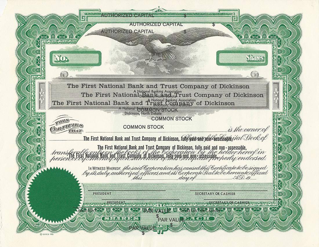 Certificato Azionario - The First National Bank