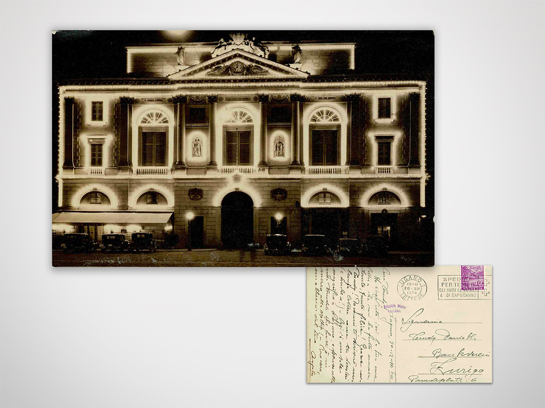 Municipio di Lugano illuminato veduta notturna 1934