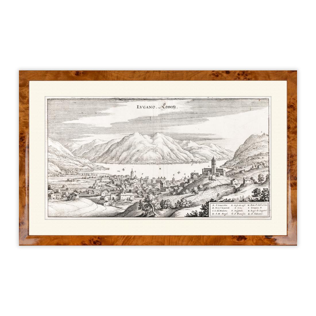 Veduta di Lugano da settentrione - incisione originale Anno 1640