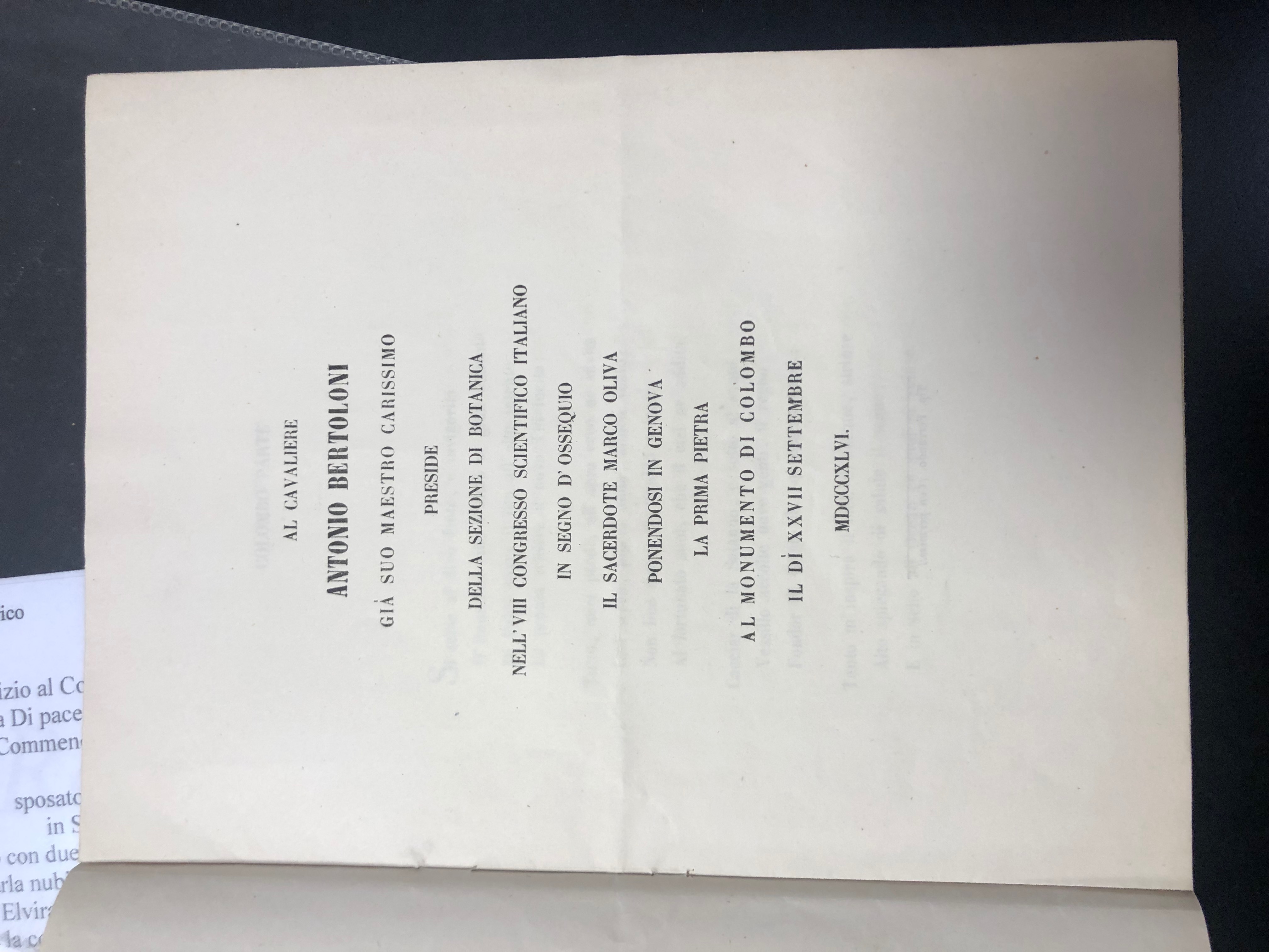 AL CAVALIERE ANTONIO BERTOLONI GIA' SUO MAESTRO CARISSIMO PRESIDE DELLA …