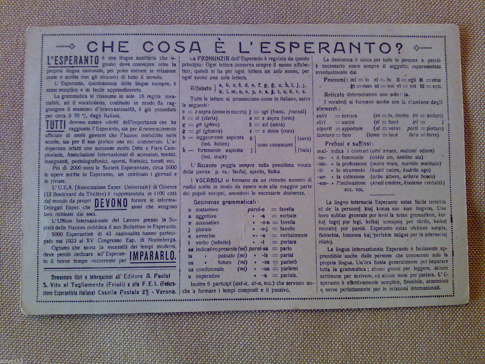 CHE COSA E' L' ESPERANTO ? cartolina divulgativa primo novecento …