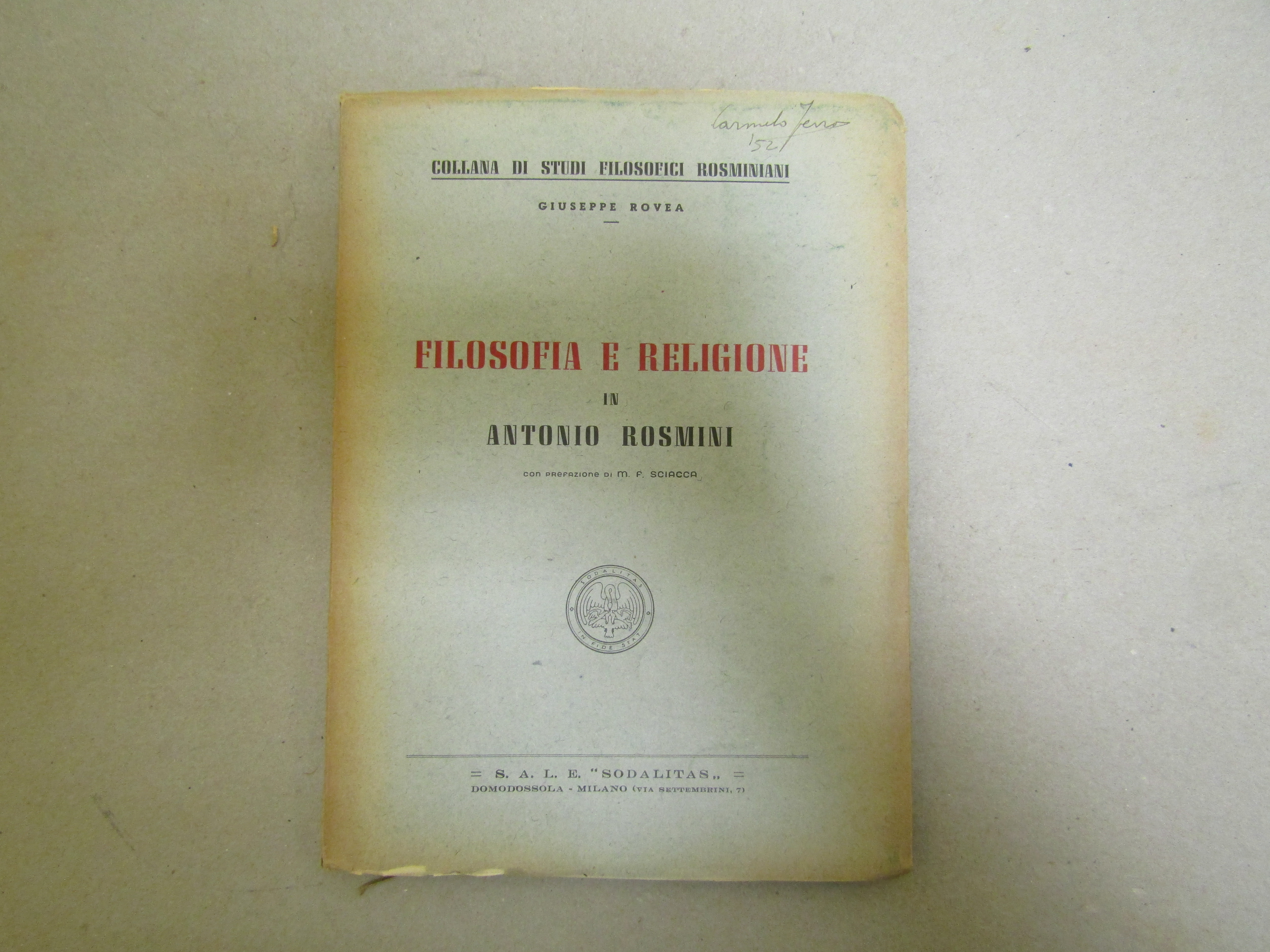 FILOSOFIA E RELIGIONE IN ANTONIO ROSMINI Con prefazione di F. …